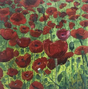 Mohn1, Acryl,Ölpastell und Seidenpapier auf Leinwand, 50x50x1 cm, 400,00 €